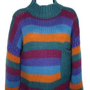 Vintage Susann D Handknit Striped Sweater M Multicolor Pullover Mock Neck Pocket